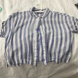 Large button down crop striped blue and white light weight shirt